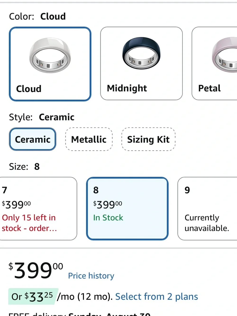 Oura ring generation 4 ceramic, size 8